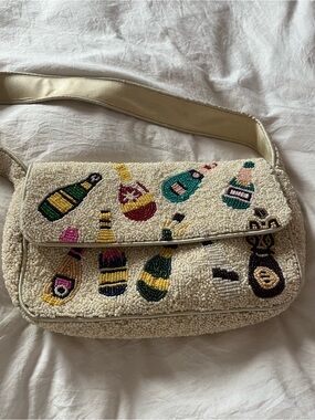 Beaded Champagne Bottle Embellished Shoulder Bag - Cream